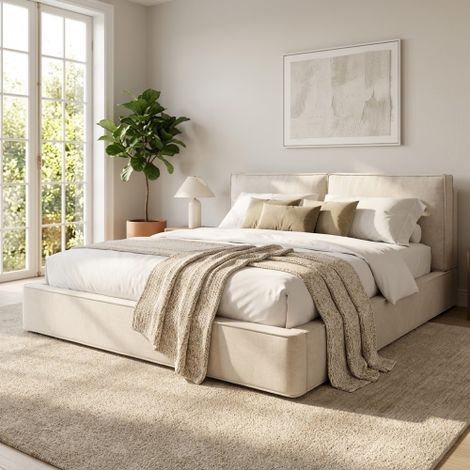 Modernluxe - Lit coffre double capitonné 160x200 cm - Avec tête de lit capitonnée - Sommier à lattes - Tissu chenille - Beige (sans matelas) (1/5)