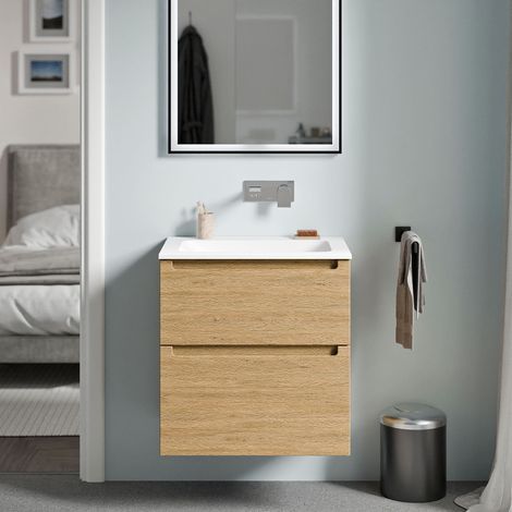 BERNSTEIN - Mueble lavabo suspendido MDF roble miel, lavabo fundición blanco mate sin orificio grifería, cajone giratorio 60x46x62cm VIREO Roble Miel Oro, Blanco mate sin agujero para grifería