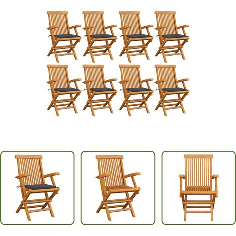 Chaises de jardin pliables - Chaises de jardin avec coussins anthracite lot de 8 Teck massif (1/5)
