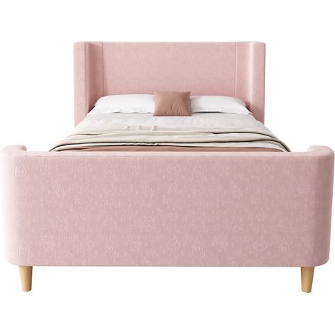 Letto Singolo per Bambini 90 x 200 cm in Velluto, Motivo Spaziale, senza Materasso, Rosa (1/5)