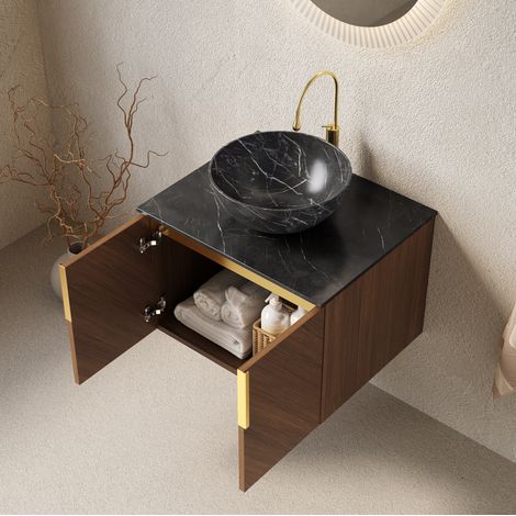 Meuble sous vasque mural 61 cm avec vasque noire, plan en pierre frittée, chêne brun (1/5)