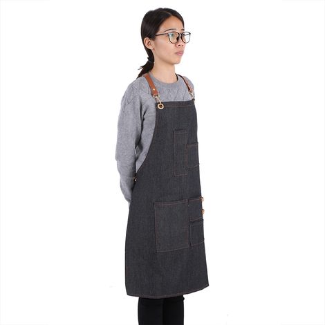 Latzschürze aus Denim mit Lederriemen, Bäckerschürze, Barkeeperschürze, Grillschürze, Kochuniform A (1/5)