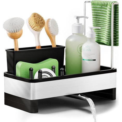 Grande Capacité Rangement Eponge Evier Cuisine avec Bac de Vidange Automatique, Organiseur Evier Cuisine en Acier Inoxydable avec Amovible Porte-brosse et Porte-chiffon (1/5)