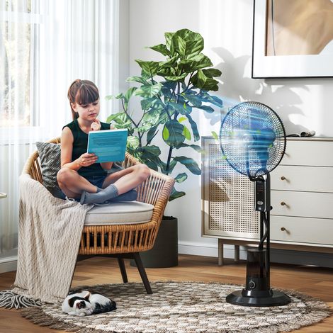 Ventilateur à refroidissement par eau avec humidificateur, inclinable à 10°, oscillant à 70°, 3 vitesses, 75 W, noir