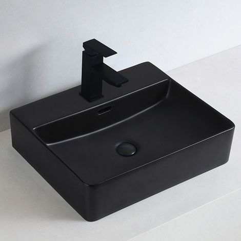 BERNSTEIN - Lavabo mural de cerámica KW6146 - 50 x 42 x 12,5 cm - Negro mate, Con tapa cromada