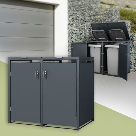 ML-Design Cobertizo Doble para Ocultar 2 Cubos de Basura 240L Antracita 132x80x116,3cm Caseta de Acero para Jardín Exterior Contenedor Resistente a Interperie Caja con Tapa Abatible y Cerradura (1/5)