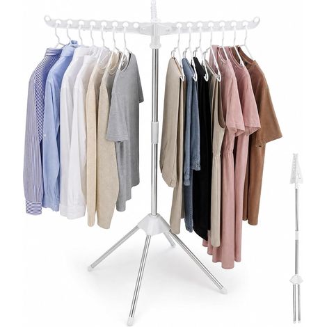 Étendoir à linge pliable, séchoir à linge de camping, séchoir à linge pliable pour cintre, réglable en hauteur, pour balcon, intérieur, extérieur, blanc (1/5)