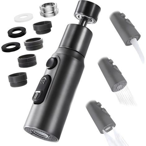 Aérateur de Robinet, 360° Pivotant Embout Robinet Cuisine avec 3 Modes Douchette Mousseur Robinet Economie Eau, Adaptateur Economiseur D'eau Pour Robinet Salle De Bain lavabo (Noir) (1/5)
