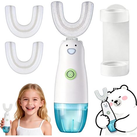 Brosse à dents électrique 360° en forme de U pour enfants de 2 à 12 ans  Portable, brosse à dents sonique, porte-brosse à dents et 2 têtes de brosse, étanche IPX6, 6 vitesses (1/5)
