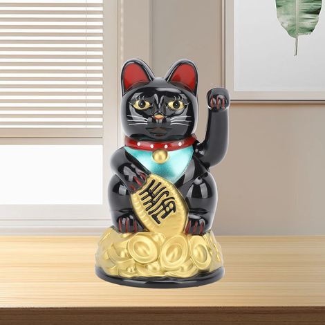 Figurine Chat Lucky Fortune, Ornement de Bienvenue de la Fortune Chat Noir Opéré par Batterie, Déco pour Bureau Maison Voyage Noël (1/5)