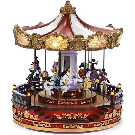 Giostra Natalizia con cavalli musica e Movimento Luci LED Carosello H34 diametro cm 30  Rossa bianca e Oro Carillon Musicale Ele-ttrico Decorazione Natalizia da Tavolo idea regalo per Casa e Negozi (1/5)