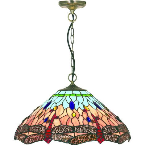 Searchlight Dragonfly - Plafonnier à 1 Lumière, Laiton Antique, Bleu, Verre Tiffany Libellule, E14