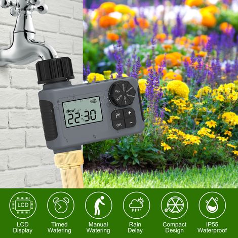 Minuteur d'arrosage automatique pour jardin, balcon ou terrasse, avec détecteur de pluie et système d'irrigation intelligent doté d'un verrouillage de sécurité. (1/5)