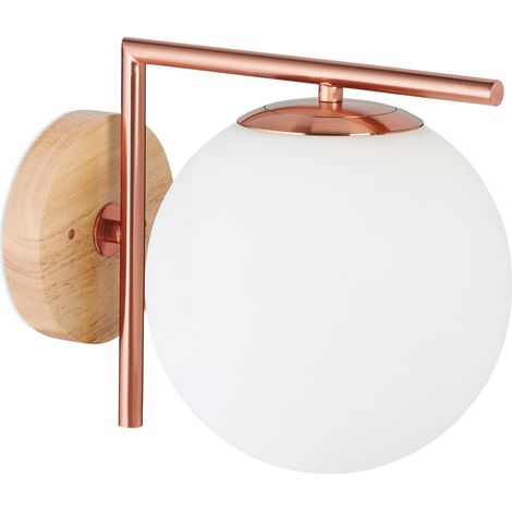 Relaxdays Aplique de Pared, Lámpara E27, Tulipa Vidrio Redonda, Metal y Madera, 22 x 19,5 x 28 cm, Interior, Color Cobre (1/5)