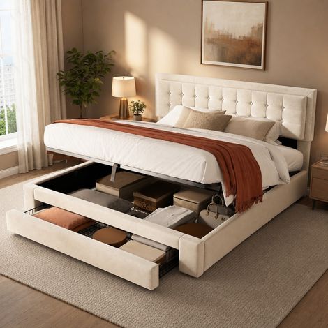 Cama matrimonio con almacenaje de terciopelo 160x200 DESVIAE (1/5)