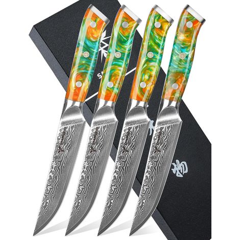 4 Piece Steak Knife Set, 5 Inch Ultra-Sharp Unserrated Kitchen Steak Knife - Damascus Steel and Resin Handle - Xuan Series (Fantastic Orange) (1/5)