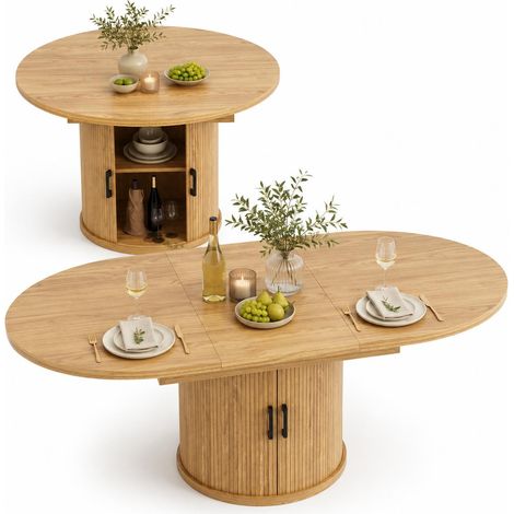 FurnitureR Wood Grain Round to Oval Dining Table 118 to 158cm Storage (1/5)