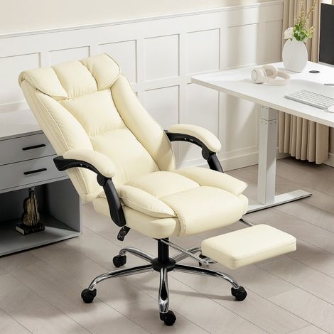 Chaise de Bureau Ergonomique avec Dossier Inclinable jusqu'à 155°, Repose-Pieds Rétractable, Similicuir Beige (1/5)