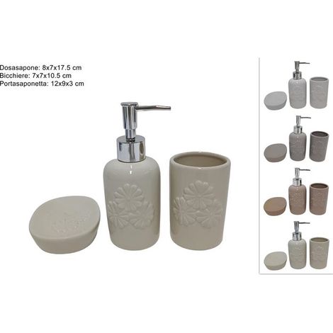 Set 3 Pezzi Accessori Bagno Dispenser Portasapone Portaspazzolini Fiori 4 Colori (1/2)