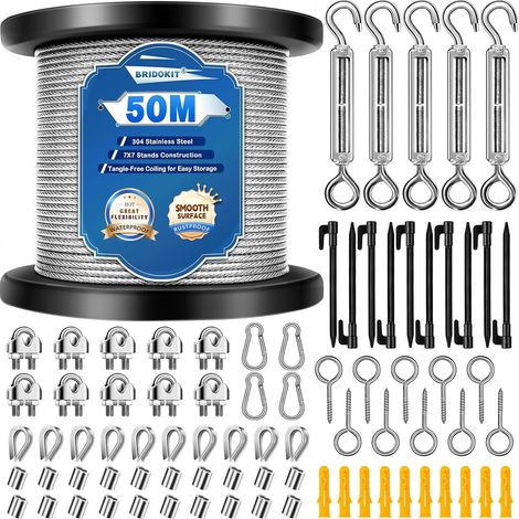Câble Métallique 50m 2mm, Kit de 80 pièces 304 Cable Acier Inoxydable avec Tendeurs M5 pour Plantes Grimpantes, Guirlandes Lumineuses, Treillis, Clôture et Corde à Linge (1/5)