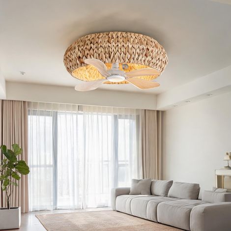 Ventilateur de plafond avec lumière en rotin 50 cm télécommande (1/5)