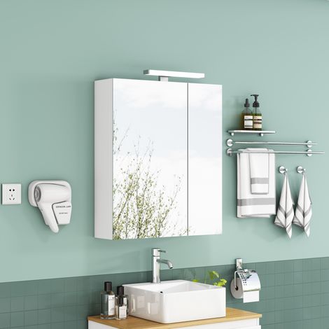 Armario con espejo de baño (67x22x79 cm), 2 puertas asimétricas, iluminación LED, enchufe, MDF y vidrio blanco (1/5)