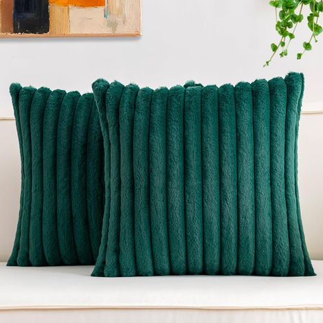 Lot de 2 housses de coussin en fausse fourrure 45 x 45 cm, effet peluche à rayures, douces et décoratives, coloris vert de Noël, pour canapé et chambre
