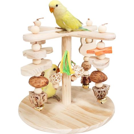 Aire de jeux interactive pour oiseaux en bois naturel, support d'entraînement et perchoir pour perroquets, jouet à mâcher avec clochettes pour perruches et petits oiseaux (1/5)