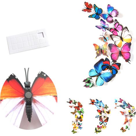 Lot 3D papillons muraux réalistes autocollants 12 pièces aimantés violet rouge décoration murale (1/4)