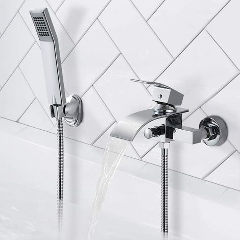 Mitigeur Bain Robinet de Baignoire Cascade avec Pommeau de douche Economie d'eau Laiton Chrome pour Salle de bain (1/5)