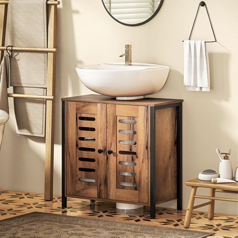 Mobiletto sottolavello industriale con 2 ante a doghe con chiusura magnetica e ripiano regolabile, 60x30x60 cm, marrone rustico.