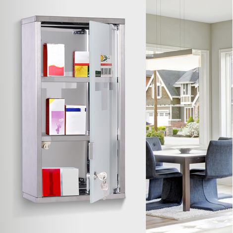 Medikamentenschrank 25x12x48 cm silber aus Edelstahl abschließbar mit Milchglastür und 3 Fächern (1/5)