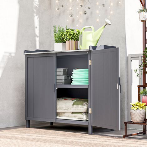 Freistehender Gartenschrank, 2-in-1-Pflanztisch mit Doppeltüren, Ablagen, verzinkter Metallplatte – grau
