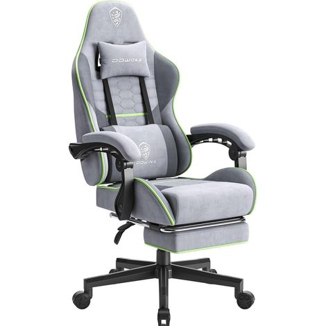 Gaming Stuhl Stoff Massage Kopfstütze Fußstütze Grau & Grün Normal (1/5)
