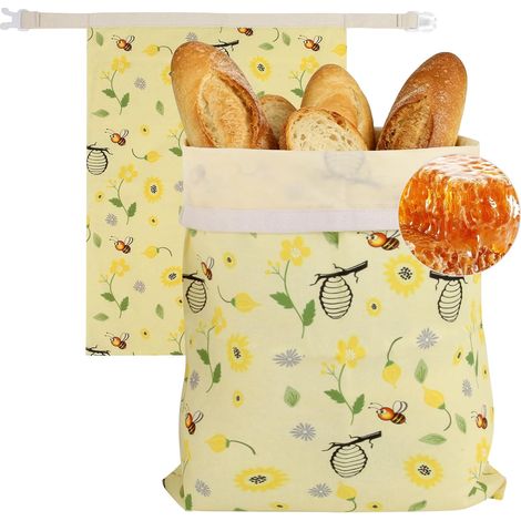 Juego de 2 bolsas reutilizables de algodón y cera de abeja (43x33 cm) para pan de masa madre casero, mantienen el pan fresco y son aptas para el congelador. (1/5)