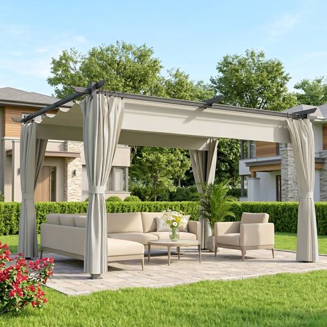 Pérgola con Techo Retráctil 4x3 m Cenador con Paredes Laterales Anti-UV Resistente al Agua para Jardín Patio Crema (1/5)