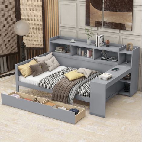 DESVIAE Lit banquette 90 x 200 cm avec bureau rangements USB prise 2 tiroirs gris en panneaux de particules MDF (1/5)