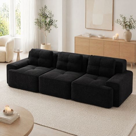 Canapé modulable d’angle en corduroy noir, 3 places, sans montage, 293 x 104 x 69 cm (1/5)
