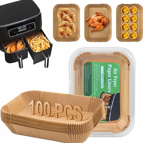 Doublures en papier sulfurisé jetables (125 pièces), adaptées aux friteuses à air standard ou à double cuve, 8,6 x 5,5 pouces. (1/5)