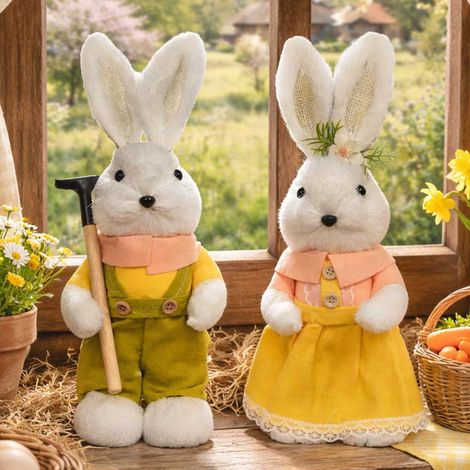 Paire de lapins décoratifs champêtres en robe jaune ornée de détails, 32 cm de haut.