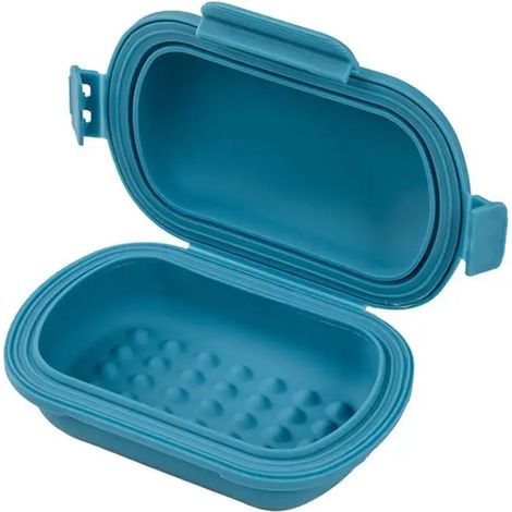 Porte-savon portable en silicone bleu, avec couvercle hermétique et boîte de rangement antidérapante pour la salle de bain. (1/5)