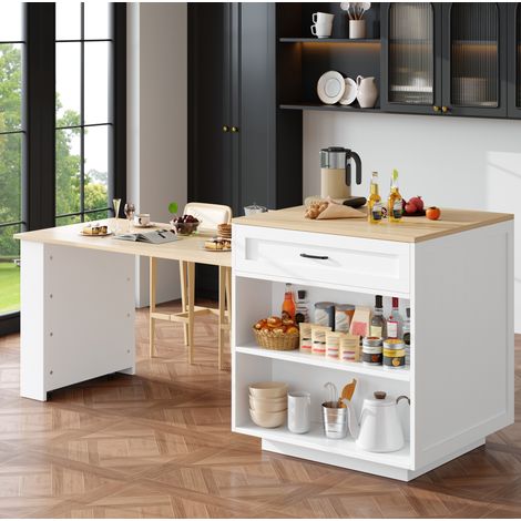 Table bar extensible 133/202 cm blanche avec rangement, 2 tiroirs et niches (1/5)