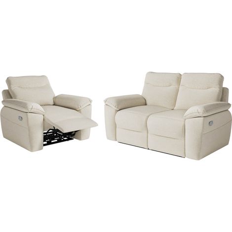 PACK - Canapé de relaxation ROSS électrique 2 places et fauteuil en tissu antitache - Beige