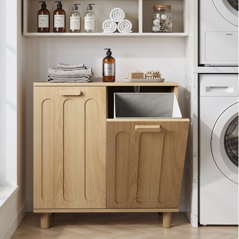 Meuble à linge en MDF chêne 66 x 35 x 67 cm avec 2 paniers amovibles et abattants basculants (1/5)