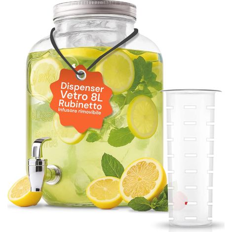 Distributeur de boissons en verre de 8 litres avec robinet en aluminium et infuseur pour eau et jus, grande capacité pour fêtes et événements, utilisation sur table, design élégant (1/5)