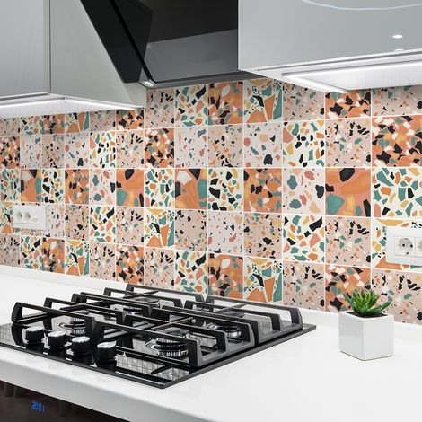 Sticker Mural Carrelage adhésif Cuisine Salle de Bain - 24 STICKERS CARREAUX DE CIMENT TERRAZZO ZULMA - 24stickers10x10cm (1/5)