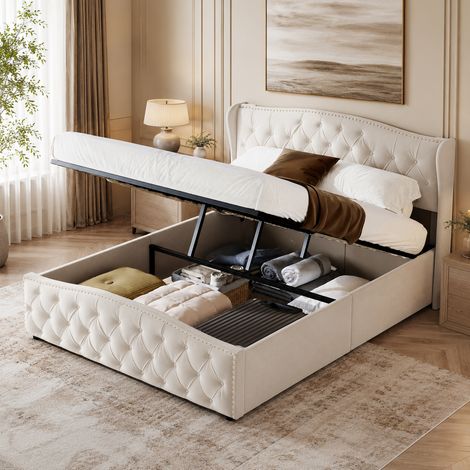 Lit coffre 140×190 cm,rangement hydraulique,grande capacité,lit double,tête de lit rivetée à motif vague,lit capitonné,cadre de lit 140×190,style moderne,sommier à lattes,lit adultes,Velours,Beige (1/5)
