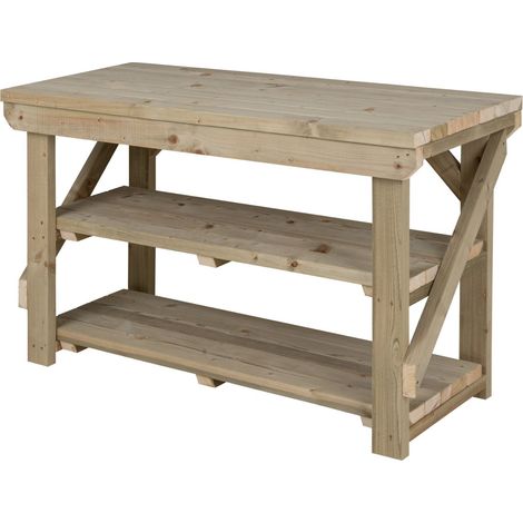 Indoor/outdoor workbench pressure treated station (H-90cm, D-64cm, L-150cm) with double shelf