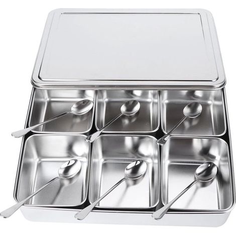 Dailygoods – Gewürzbox aus Edelstahl – Gewürzgläser mit Löffel – Gewürzbehälter – Staubdichtes Design – 6 Fächer – Elegantes Design – Gewürzglas (1/5)