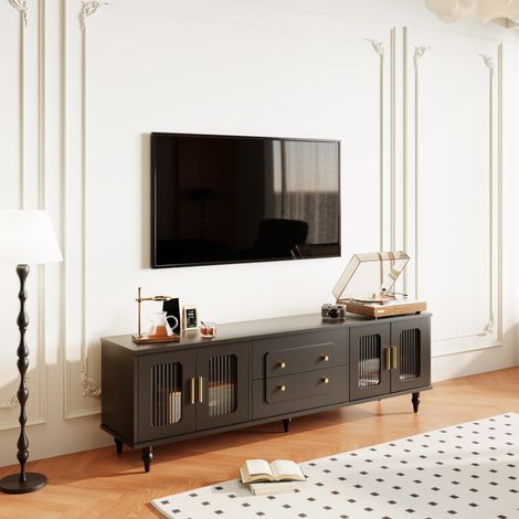 Meuble TV rétro en bois massif, porte vitrée, poignées dorées, grand rangement, pieds en chêne, style vintage, meuble bas salon. (1/5)